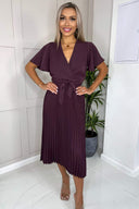 Plum Belted Pleated Skirt Midi Dress