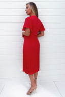 Red Belted Pleated Skirt Midi Dress