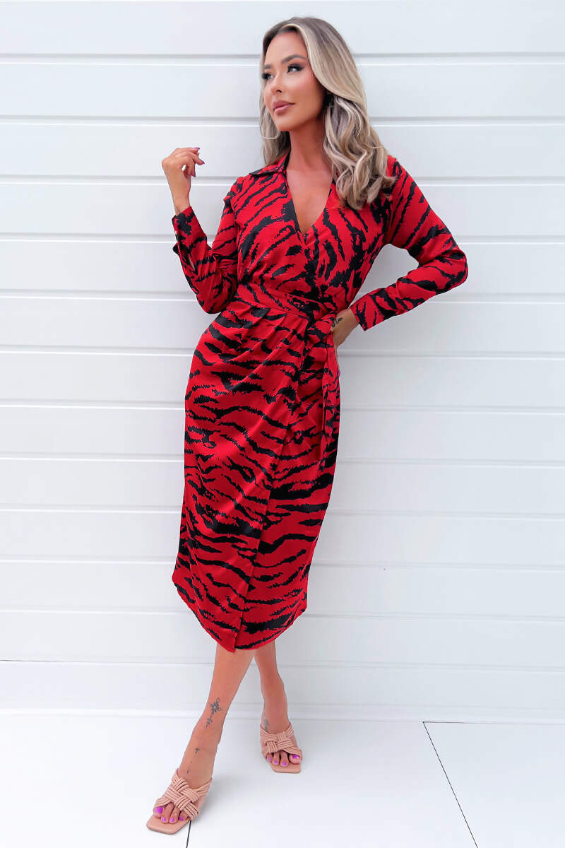 Red And Black Printed Long Sleeve Wrap Belted Midi Dress