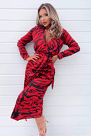 Red And Black Printed Long Sleeve Wrap Belted Midi Dress