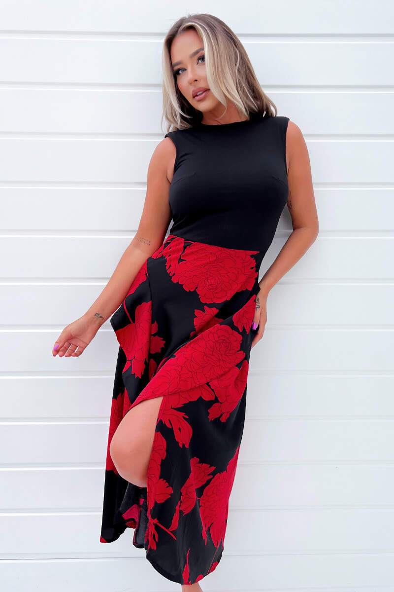 Red and Black Floral Print 2 in 1 Midi Dress