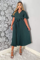 Teal Belted Pleated Skirt Midi Dress