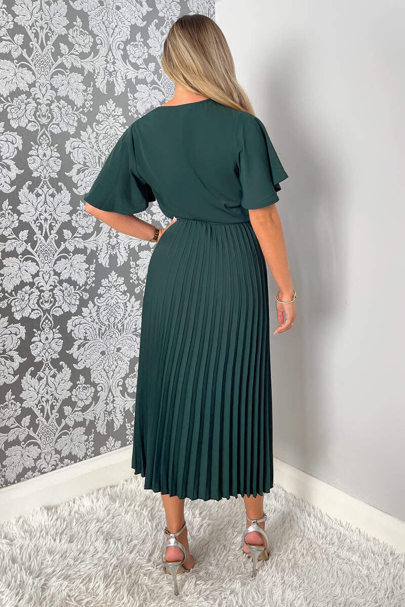 Teal Belted Pleated Skirt Midi Dress