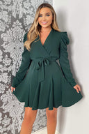 Teal Long Sleeve Tie Waist Skater Dress