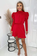 Red Puff Sleeve Skater Dress