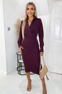 Plum Long Sleeve Midi Dress With Shoulder Pads