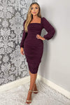 Plum Square Neck Ruched Long Sleeve Midi Dress