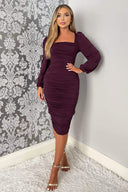 Plum Square Neck Ruched Long Sleeve Midi Dress