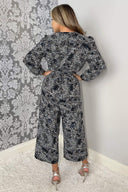 Black And Blue Printed Belted Long Sleeve Jumpsuit