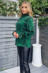 Green Printed Elasticated High Neck Long Sleeve Top