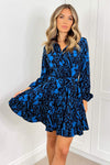 Blue and Black Printed Tie Waist Shirt Dress