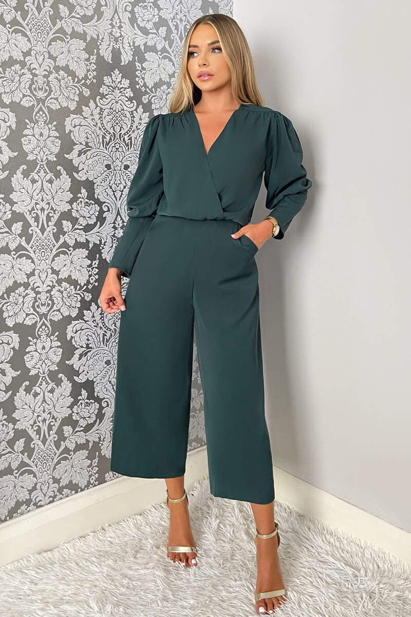 Teal Wrap Top Long Sleeve Culotte Jumpsuit