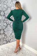 Teal Ruched Long Sleeve Cross Front Midi Dress