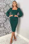 Teal Square Neck Ruched Long Sleeve Midi Dress