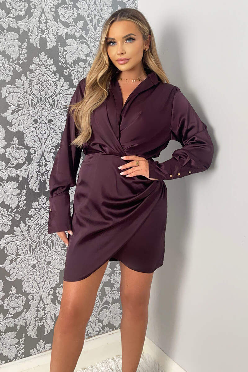 Plum Satin Wrap Shirt Dress