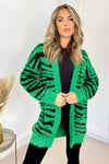 Green And Black Fluffy Knit Long Sleeve Animal Print Cardigan