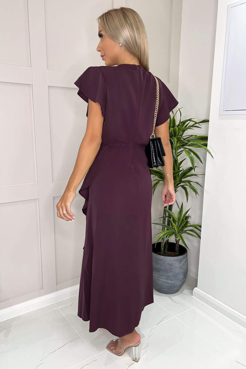 Plum Frill Detail Double Split Skirt Midi Dress