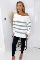 Cream and Grey Striped Off The Shoulder Jumper