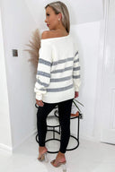 Cream and Grey Striped Off The Shoulder Jumper