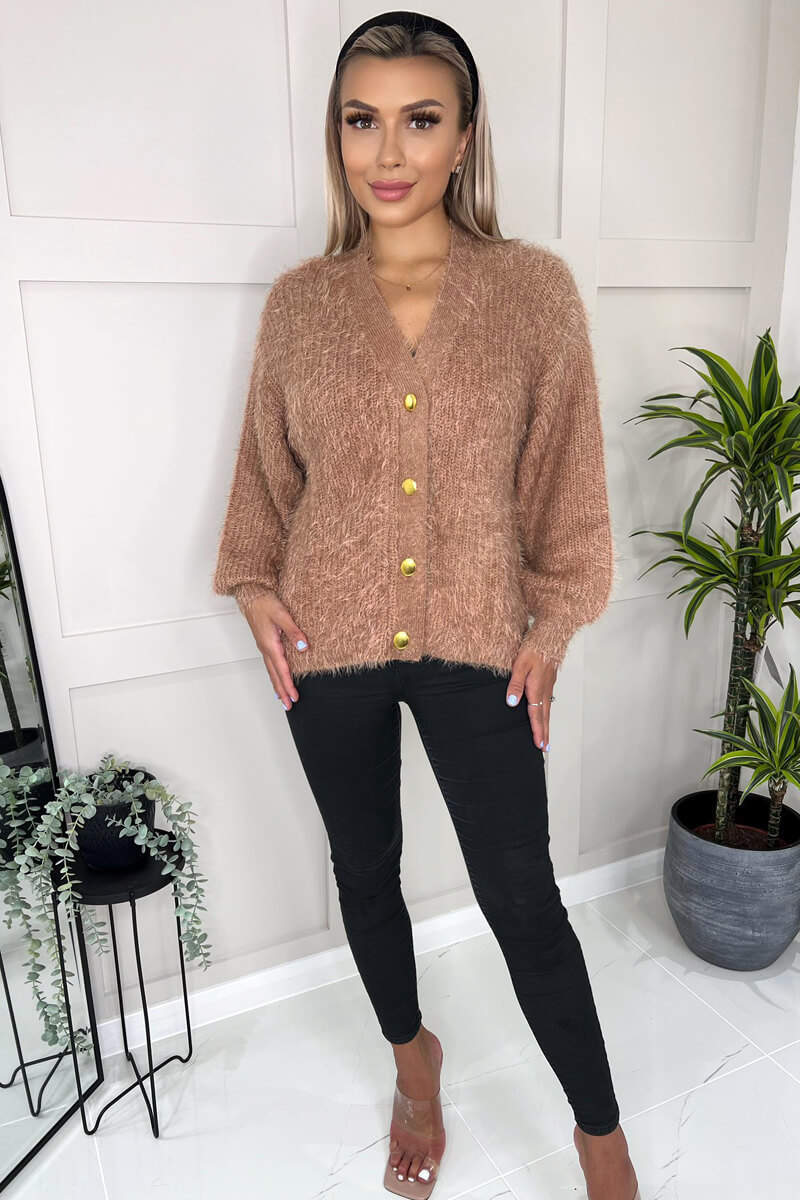 Camel Fluffy Knit Button Front Cropped Cardigan AX Paris