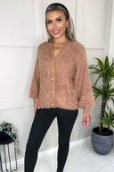 Camel Fluffy Knit Button Front Cropped Cardigan