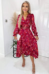 Wine Printed Long Sleeve Wrap Midi Dress With Belt