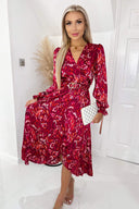 Wine Printed Long Sleeve Wrap Midi Dress With Belt