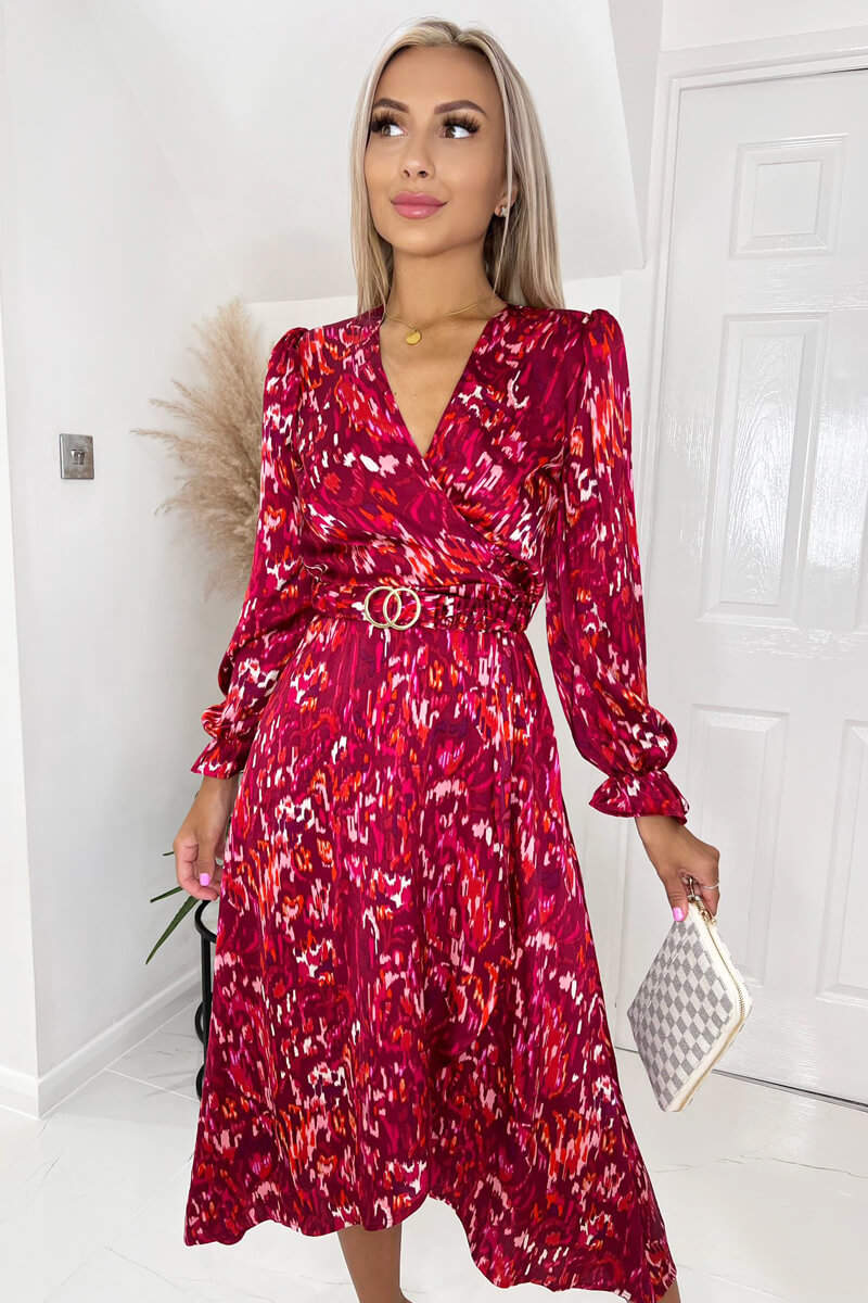 Wine Printed Long Sleeve Wrap Midi Dress With Belt