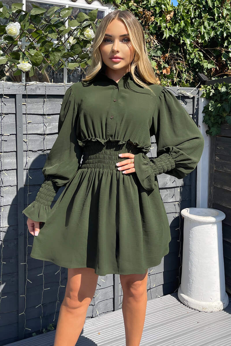 Olive Shirred Waist Long Sleeve Shirt Dress