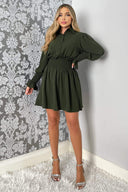 Olive Shirred Waist Long Sleeve Shirt Dress