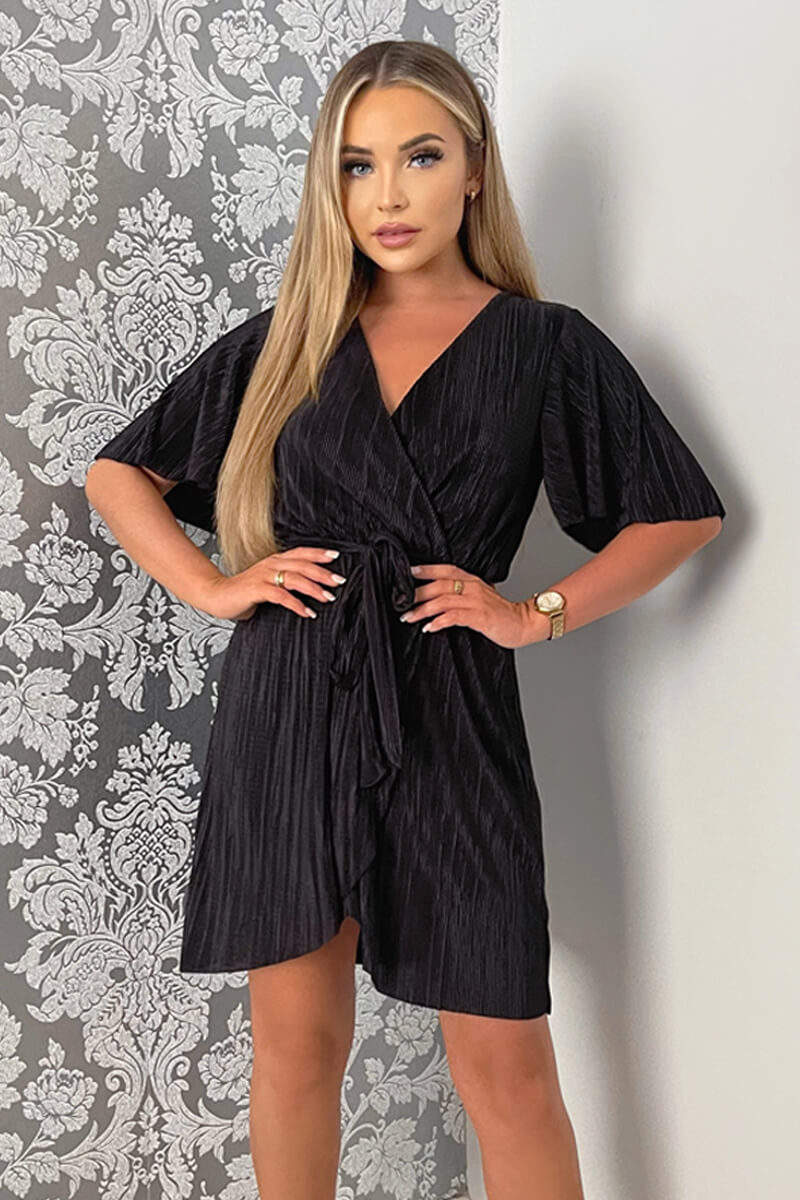 Black Wrap Top Belted Short Sleeve Plisse Mini Dress