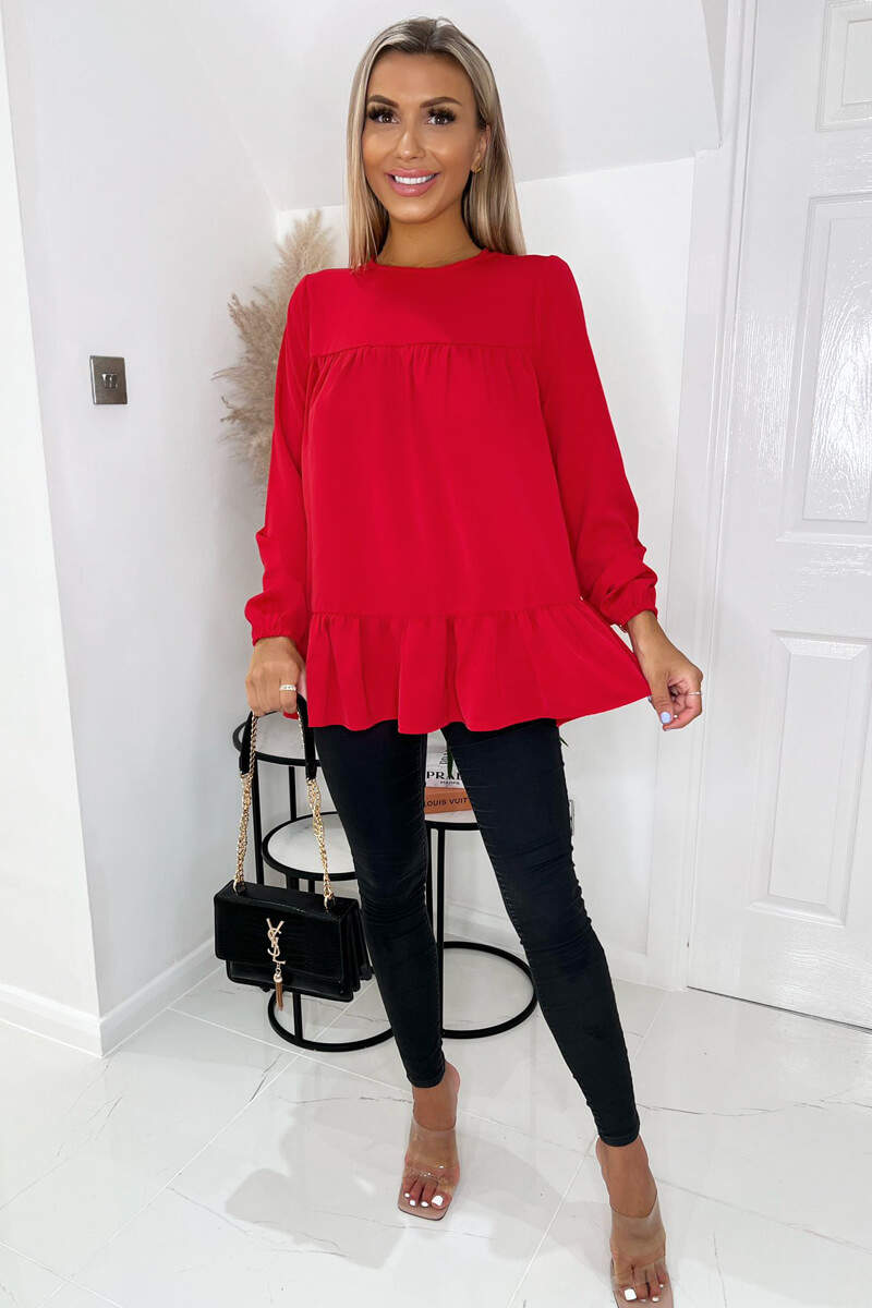 Red Long Sleeve Round Neck Smock Top