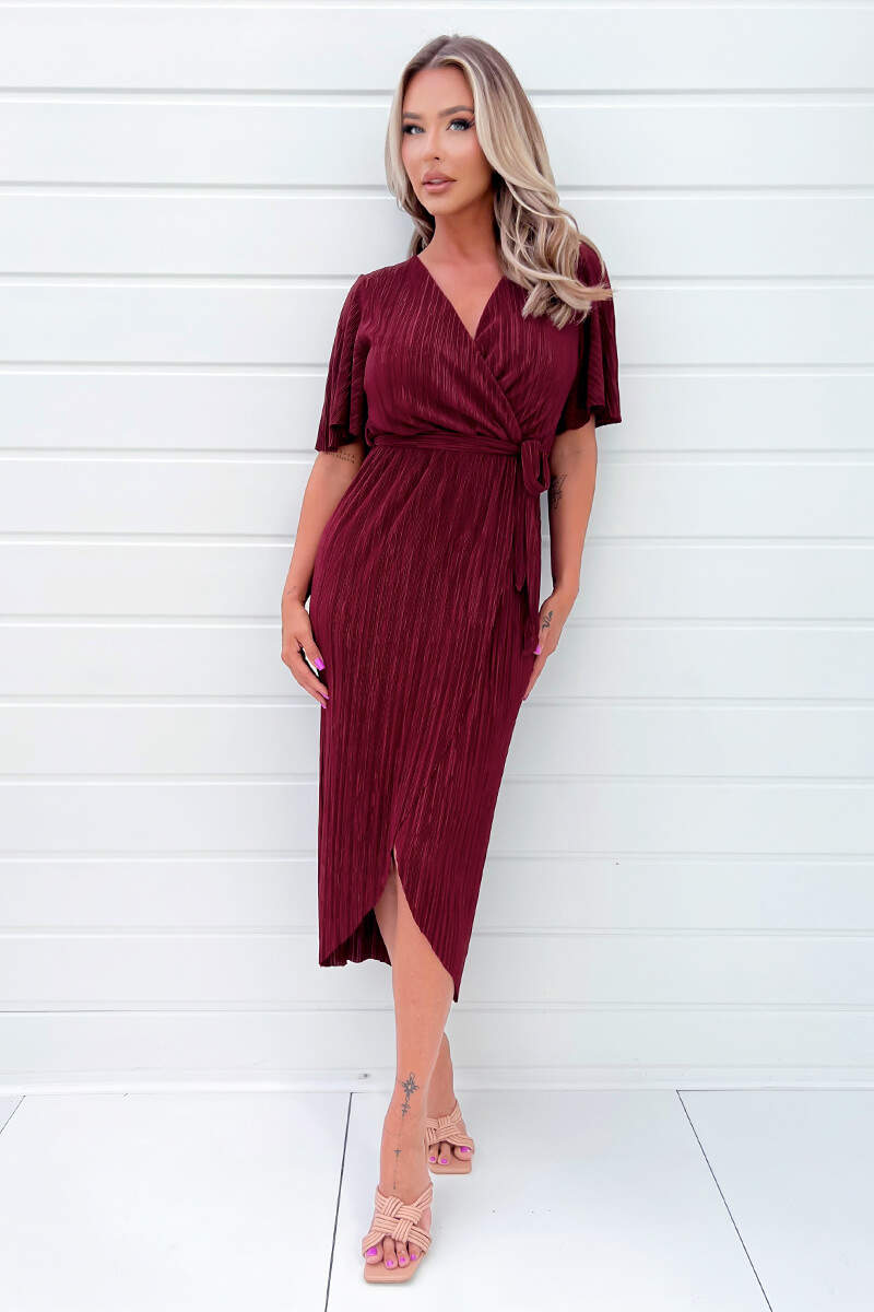 Wine Wrap Top Belted Short Sleeve Plisse Midi Dress