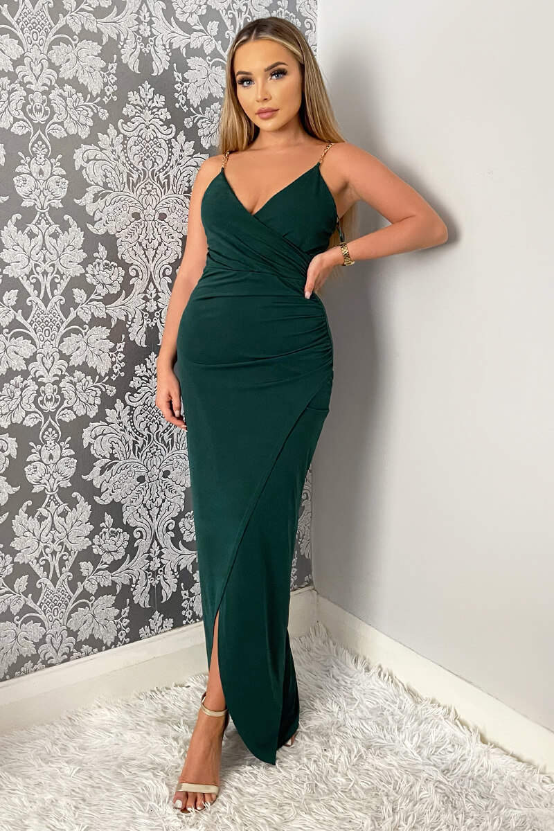 Teal Wrap Over Midi Dress With Chain Straps