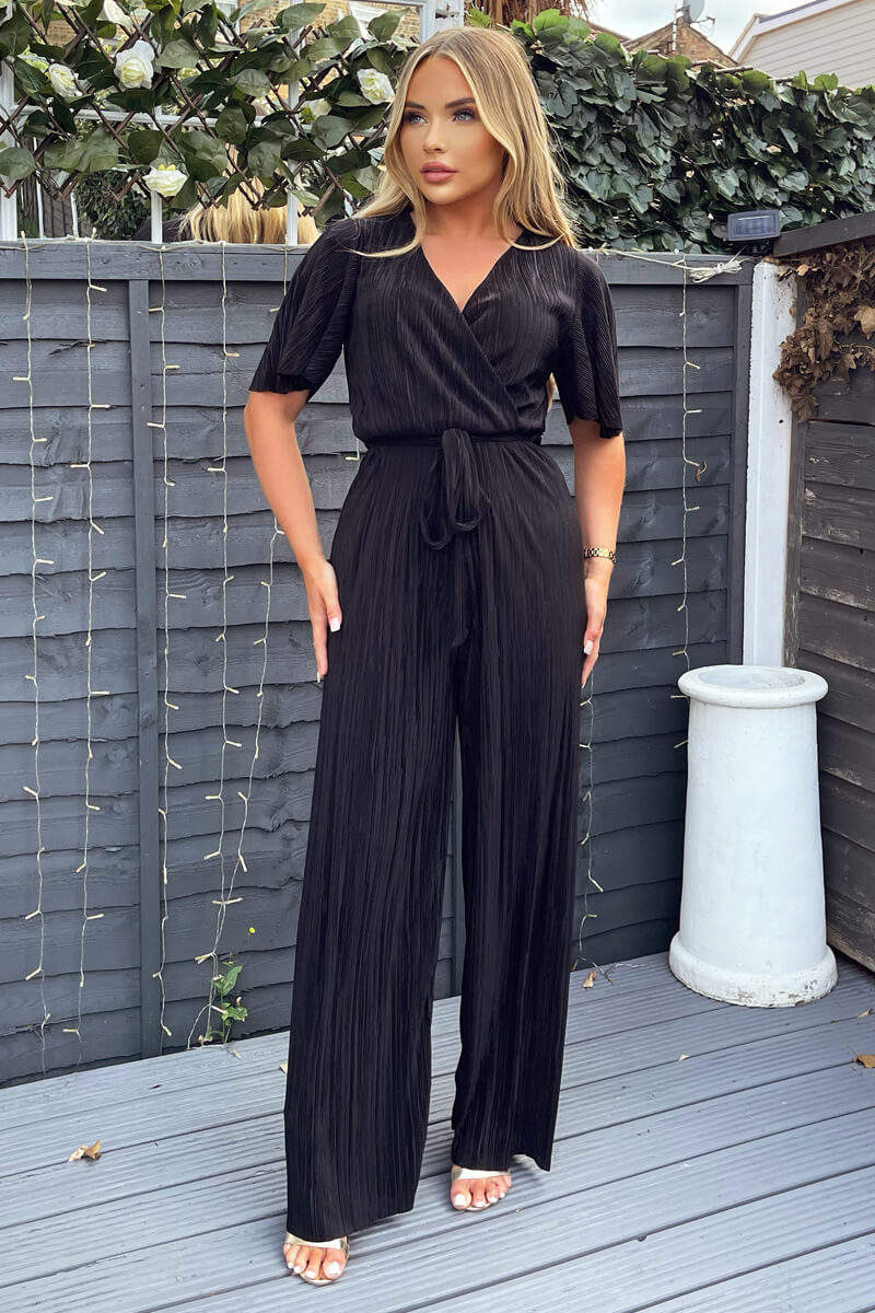 Black Plisse Wrap Top Jumpsuit AX Paris