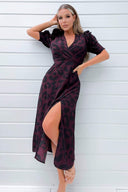 Plum Animal Print Pleated Sleeve Midi Dress