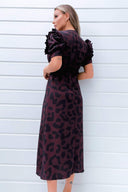 Plum Animal Print Pleated Sleeve Midi Dress