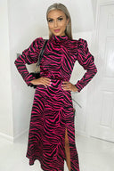 Pink Zebra Print Long Puff Sleeve Midi Dress