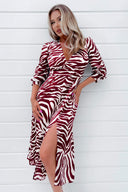 Burgundy Animal Print V Neck Midi Dress With Split