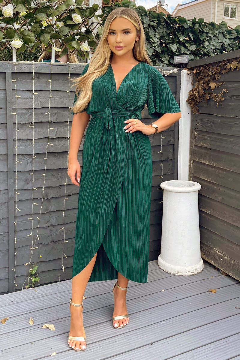 Green Wrap Top Belted Short Sleeve Plisse Midi Dress