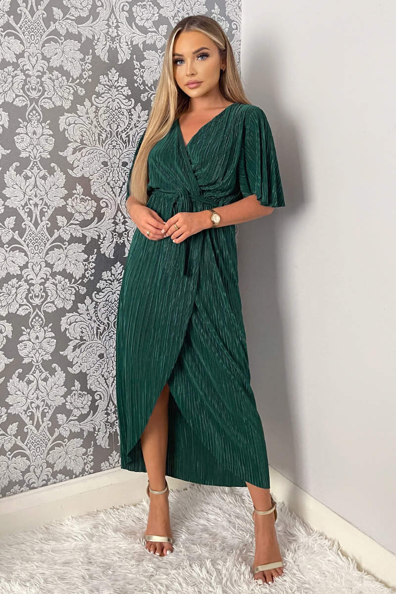 Green Wrap Top Belted Short Sleeve Plisse Midi Dress