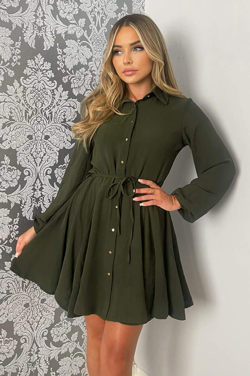 Olive Long Sleeve Belted Pleated Skater Dress AX Paris