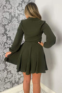 Olive Long Sleeve Belted Pleated Skater Dress