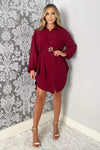 Wine Belted Long Sleeve Shirt Dress