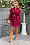 Wine Belted Long Sleeve Shirt Dress