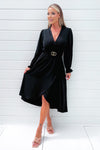 Black Long Sleeve Belted Midi Dress