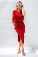 Red Pleated Shoulder Sleeveless Bodycon Dress