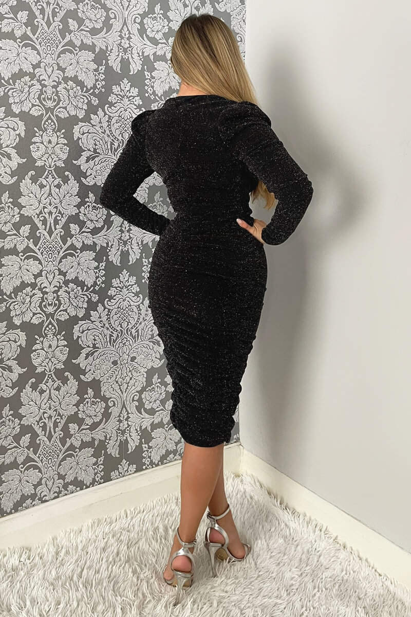 Black Shimmer Long Sleeve Wrap Top Ruched Midi Bodycon Dress