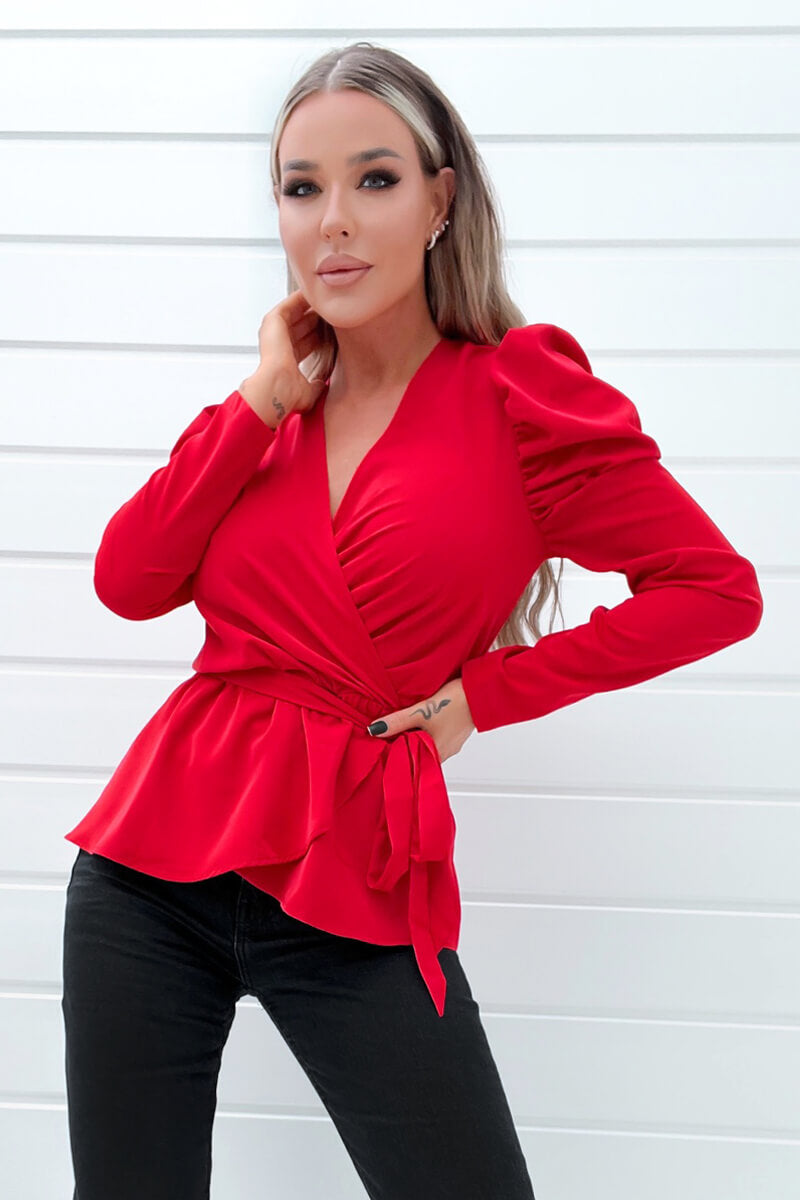 Red Belted Wrap Long Sleeve Top