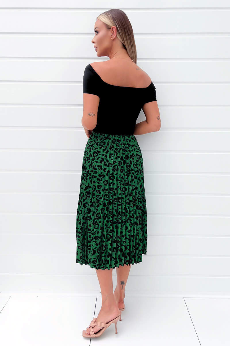 Black And Green Animal Print 2 In 1 Pleated Midi Dress AX Paris